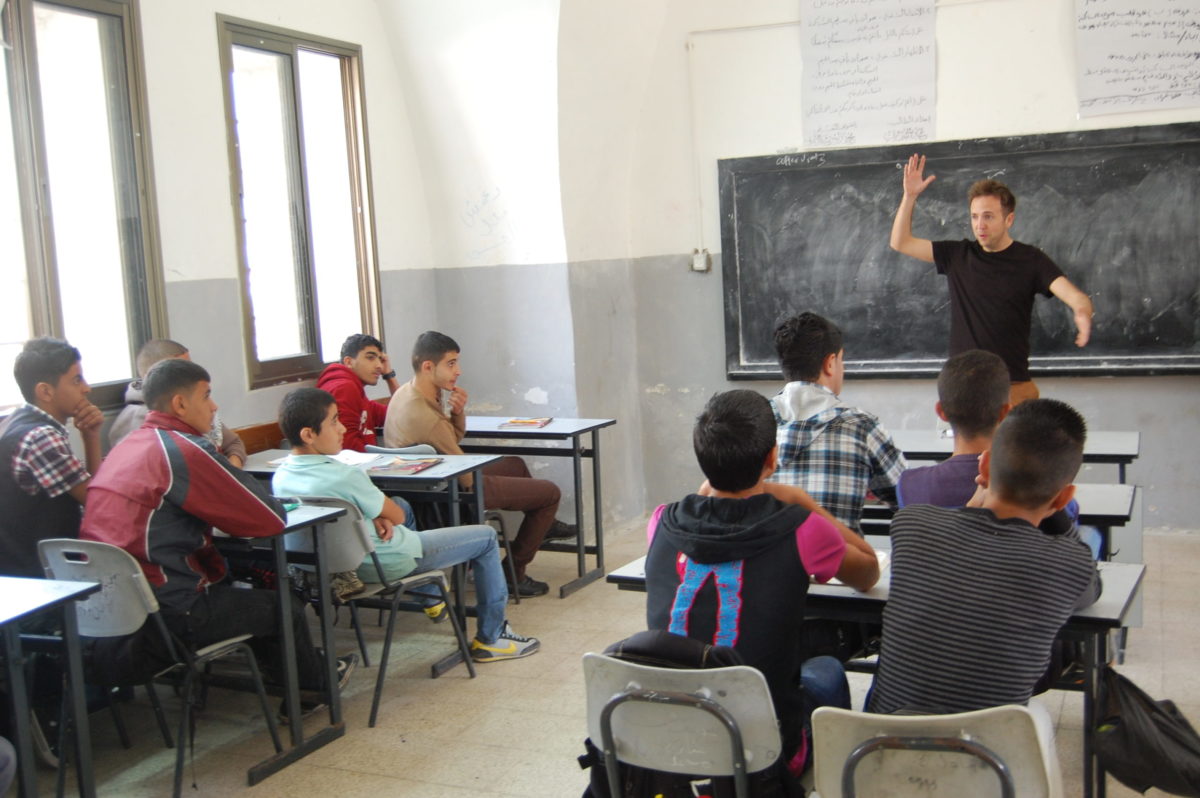 Ben at a secondary school near Nablus discussing the difficultly of life for children in Palestine and making classroom links beyond borders