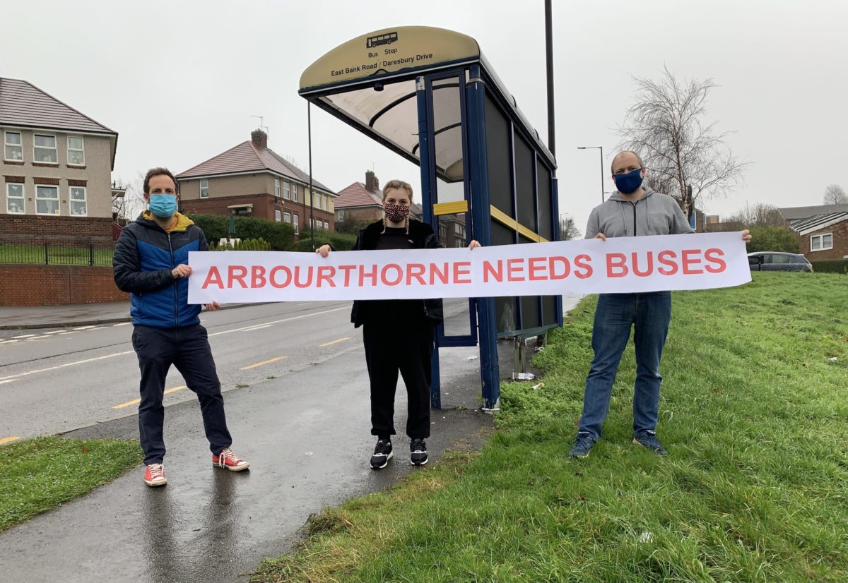 Councillors Miskell, Scott & Wilson unfolded a banner at one of the impacted bus stops saying ‘Arbourthorne Needs Buses’ in a bid to draw attention to the plight of local residents in the hilly area of the city
