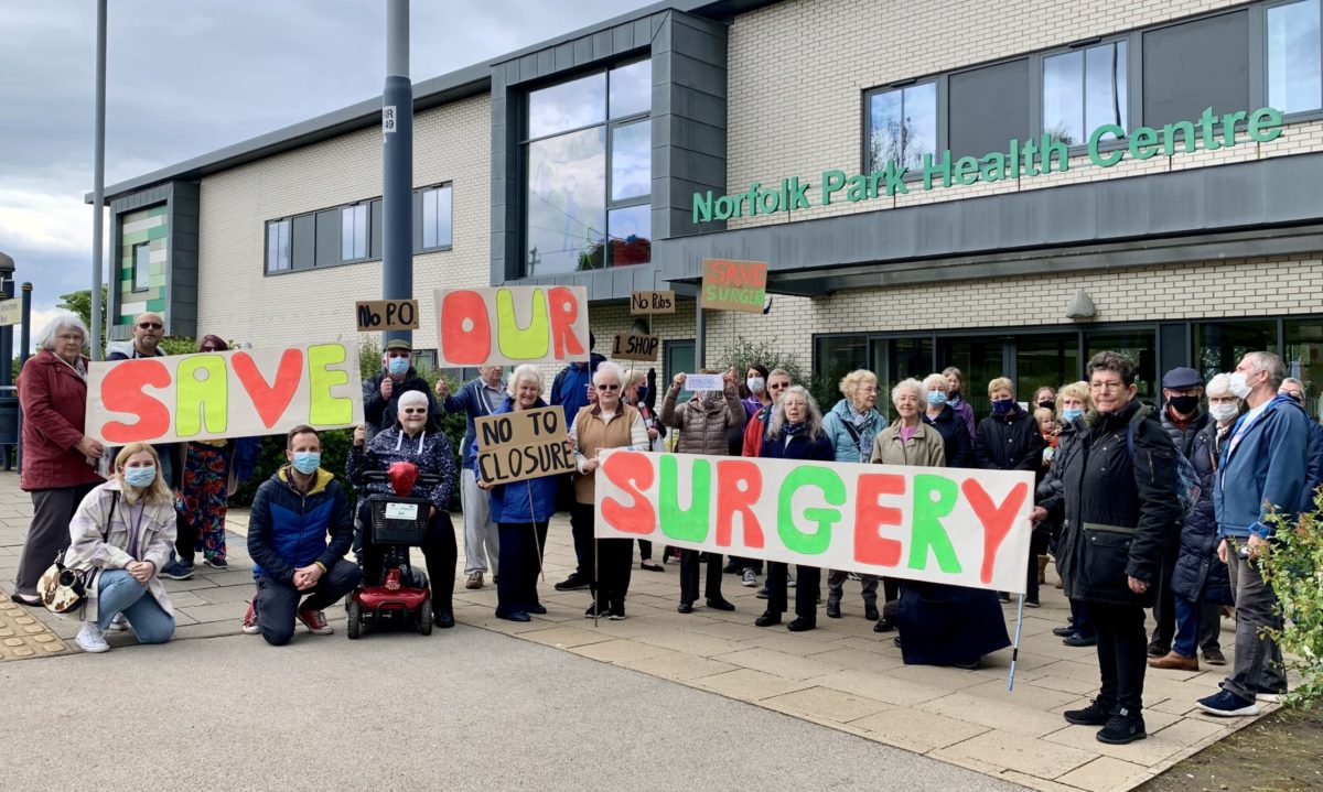 Protesters, alongside Cllr Ben Miskell and Cllr Sophie Wilson outside Norfolk Park Surgery