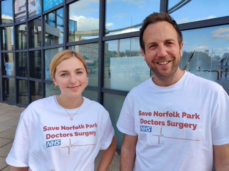 Councillors Sophie Wilson & Ben Miskell with Save Norfolk Park Doctor’s Surgery T-shirt’s outside the Ponds Forge meeting