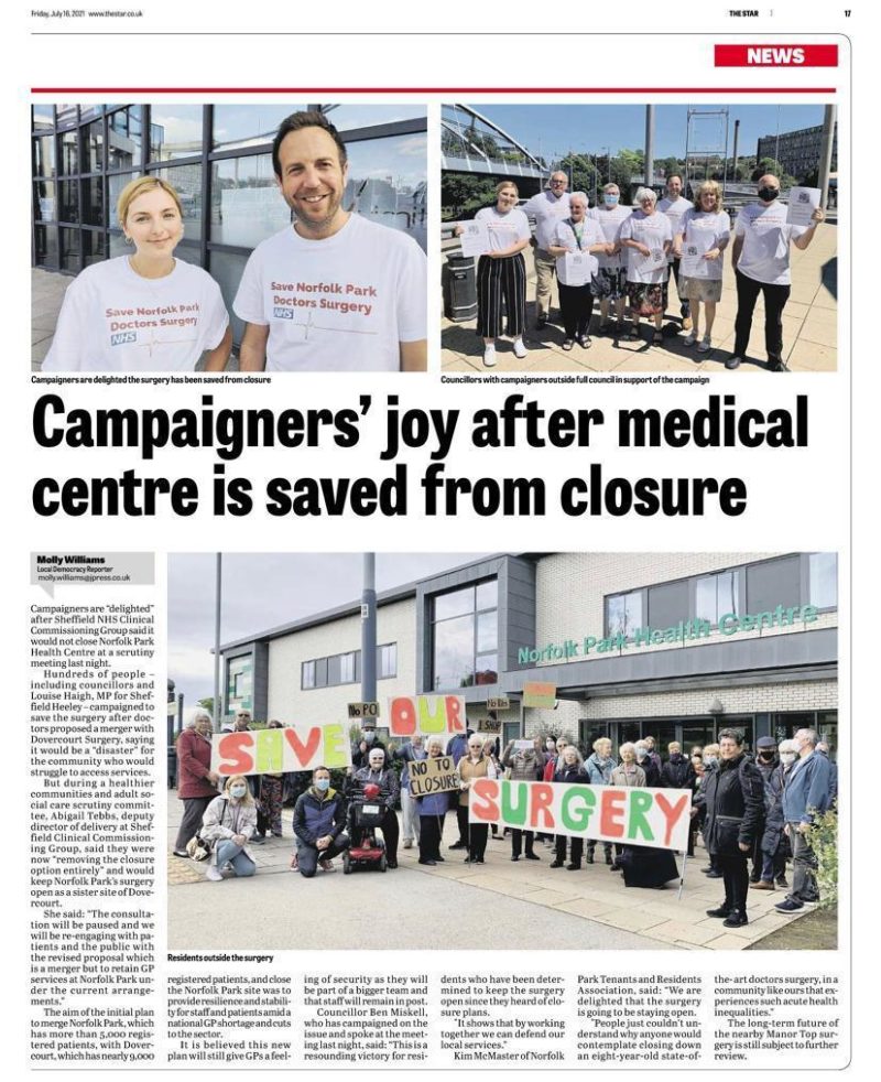 Article from the Sheffield Star reporting on the victory to save Norfolk Park Doctors Surgery