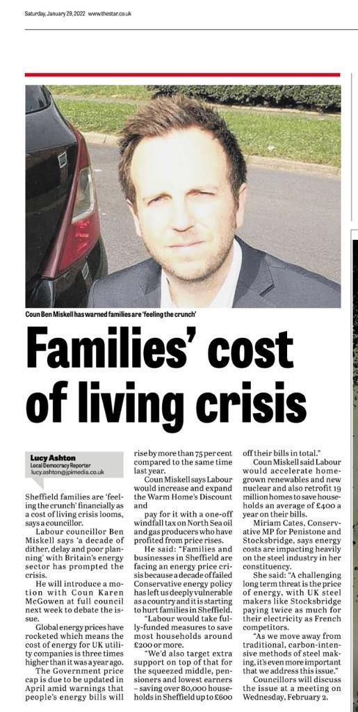 Coverage of Cllr Ben Miskell’s call for action on the cost of living crisis in The Star
