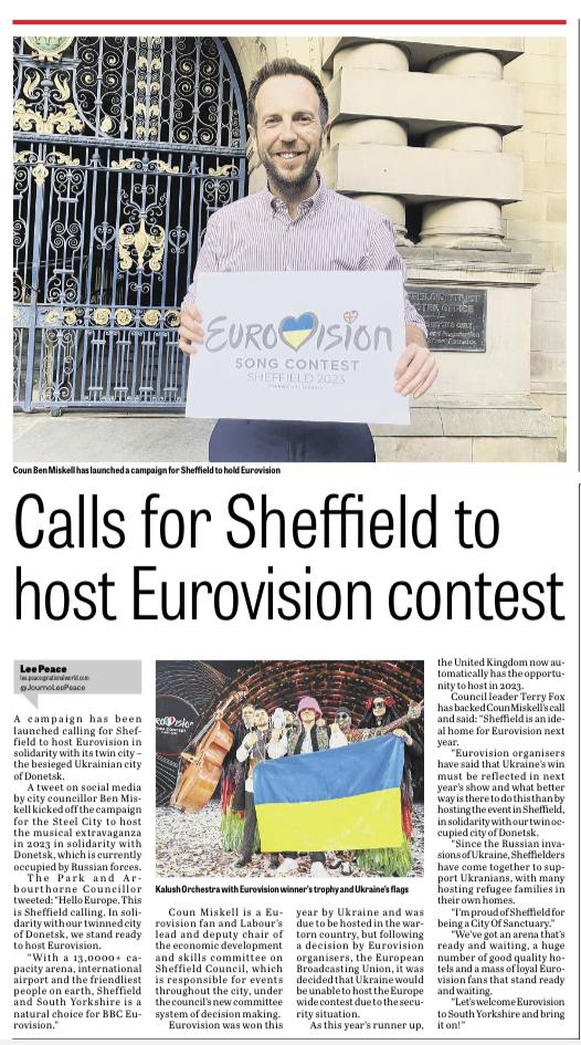 Coverage of Cllr Miskell’s calls for Eurovision to be hosted in South Yorkshire from the Star