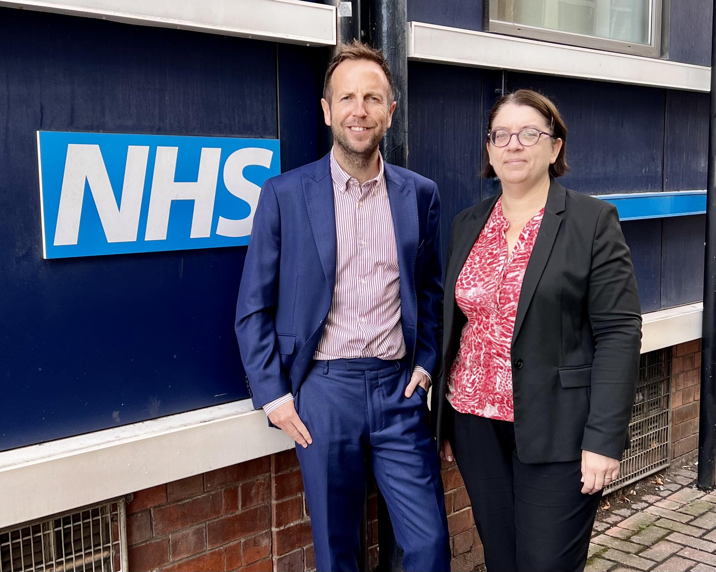 Cllr Ben Miskell and Cllr Ruth Milson outside an NHS clinic